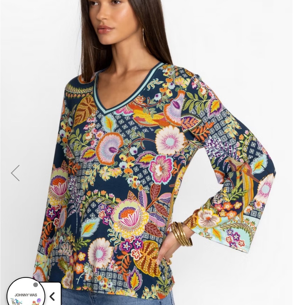 Johnny Was Wild Bird V-Neck Kimono Sleeve Tee